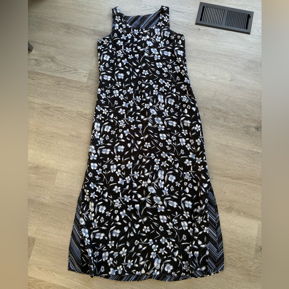 90s Blue Floral and Striped Reversible Maxi Dress